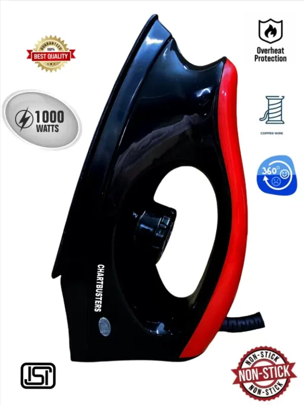 Chartbusters 1000W Dry Iron with Non-Stick Sole Plate & Safety Pack (Red & Black) - Image 2