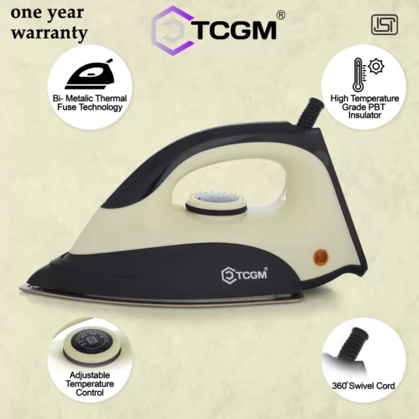TCGM GMX-300 1000W Dry Iron with Indicator Light & Extra Long Wire (Cream, Black) - Image 3